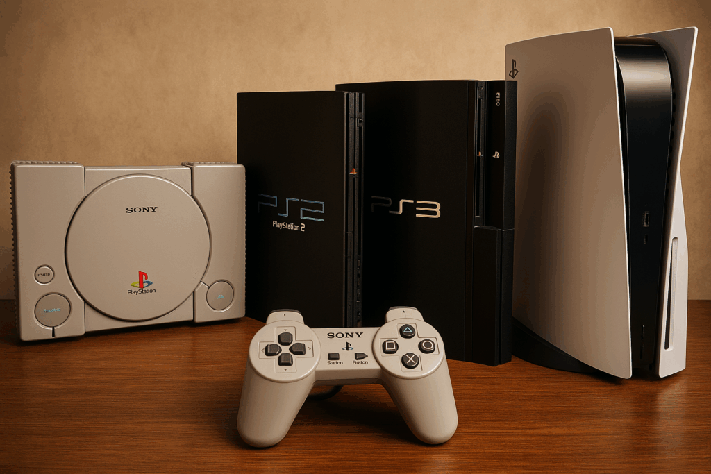 Imagem gerada com IA representando a geração de Playstation Do PS1 ao PS5 lado a lado