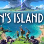 Arte promocional do jogo Len's Island, mostrando três personagens armados de machado, espada e arco, em uma colina com vista para uma ilha cercada por mar azul, com montanhas ao fundo, relâmpago no céu e criaturas sombrias rastejando na frente.