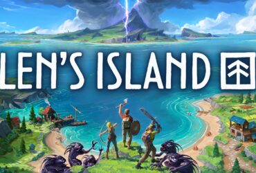 Arte promocional do jogo Len's Island, mostrando três personagens armados de machado, espada e arco, em uma colina com vista para uma ilha cercada por mar azul, com montanhas ao fundo, relâmpago no céu e criaturas sombrias rastejando na frente.