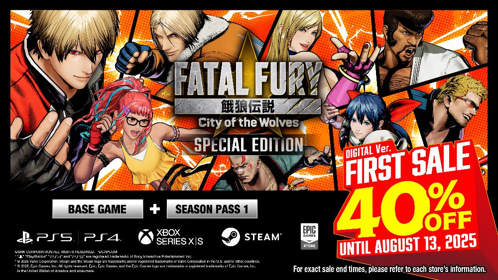 Banner promocional de Fatal Fury: City of the Wolves Special Edition anunciando 40% de desconto até 13 de agosto de 2025, com artes de personagens e logotipos de plataformas.