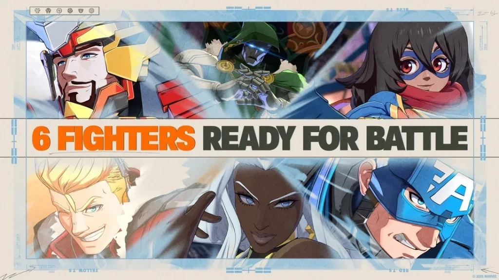 Seis personagens do jogo Marvel Tōkon: Fighting Souls em estilo anime prontos para combate, incluindo Capitão América, Homem de Ferro, Tempestade, Star-Lord, Ms. Marvel e Doutor Destino.