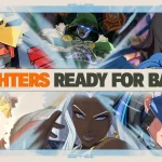 Seis personagens do jogo Marvel Tōkon: Fighting Souls em estilo anime prontos para combate, incluindo Capitão América, Homem de Ferro, Tempestade, Star-Lord, Ms. Marvel e Doutor Destino.