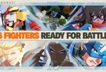 Seis personagens do jogo Marvel Tōkon: Fighting Souls em estilo anime prontos para combate, incluindo Capitão América, Homem de Ferro, Tempestade, Star-Lord, Ms. Marvel e Doutor Destino.