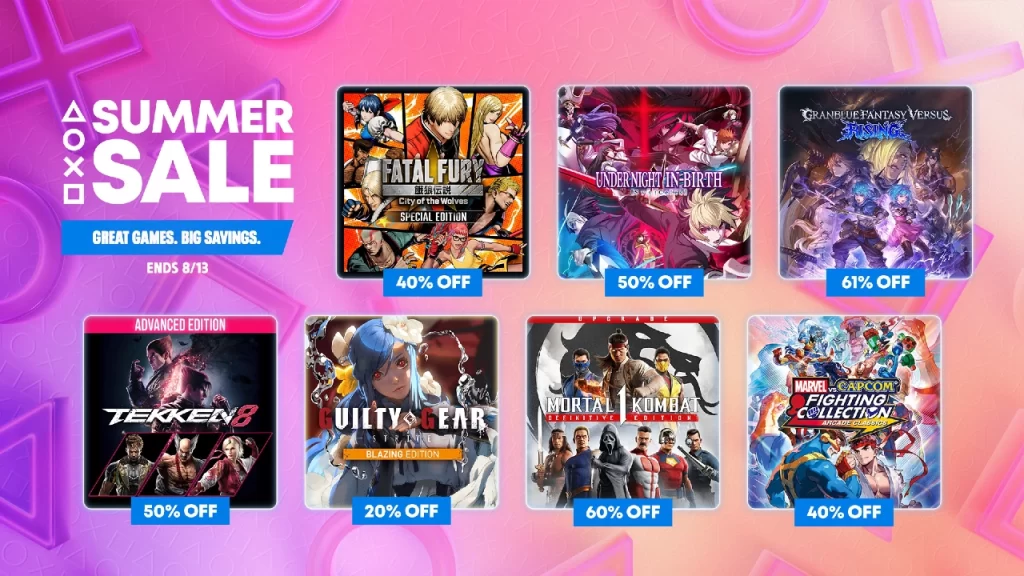 Banner promocional da PlayStation com sete jogos de luta em oferta, exibindo as capas e porcentagens de desconto de cada título. O fundo é rosa com ícones do PlayStation e a frase "Summer Sale – Great Games. Big Savings. Ends 8/13"
