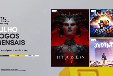 "Banner promocional dos jogos mensais do PlayStation Plus de julho de 2025, destacando as capas de Diablo IV, The King of Fighters XV e Jusant, com o selo de 15º aniversário do serviço."
