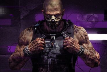 Personagem de Call of Duty: Black Ops 6 em arte promocional da Season 4, com visual agressivo e fundo roxo escuro.