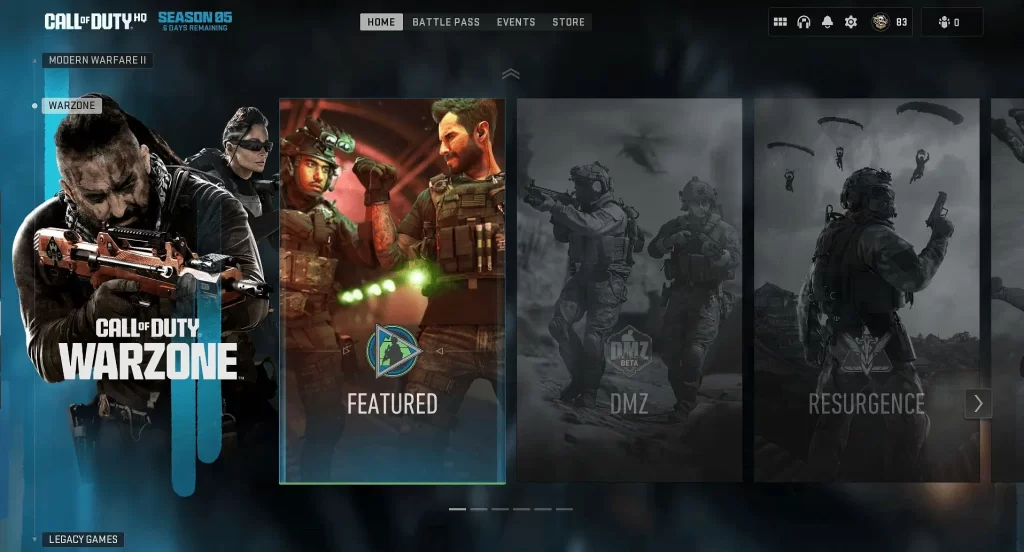 Tela do launcher Call of Duty HQ com destaque para Warzone, Modern Warfare II e Modern Warfare III.
