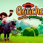 Personagem gaúcho montado a cavalo em um campo verdejante, tocando um berrante, com o logotipo do jogo “Gaucho and the Grassland” ao fundo.