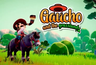 Personagem gaúcho montado a cavalo em um campo verdejante, tocando um berrante, com o logotipo do jogo “Gaucho and the Grassland” ao fundo.