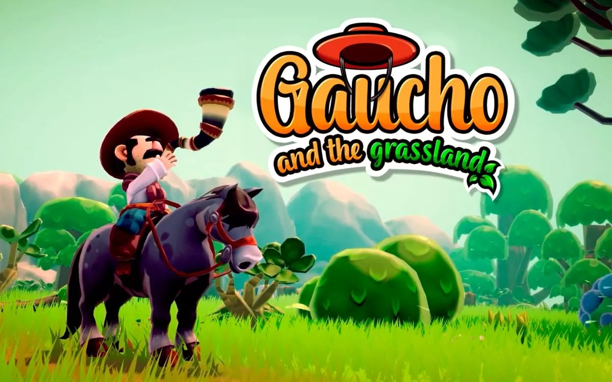 Personagem gaúcho montado a cavalo em um campo verdejante, tocando um berrante, com o logotipo do jogo “Gaucho and the Grassland” ao fundo.