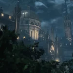 Imagem noturna de uma mansão gótica imponente, iluminada por luzes suaves, cercada por árvores e vegetação densa sob um céu tempestuoso