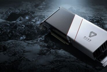 Render da GPU Moore Threads MTT S90 em ambiente escuro, destacando o design com acabamento metálico.