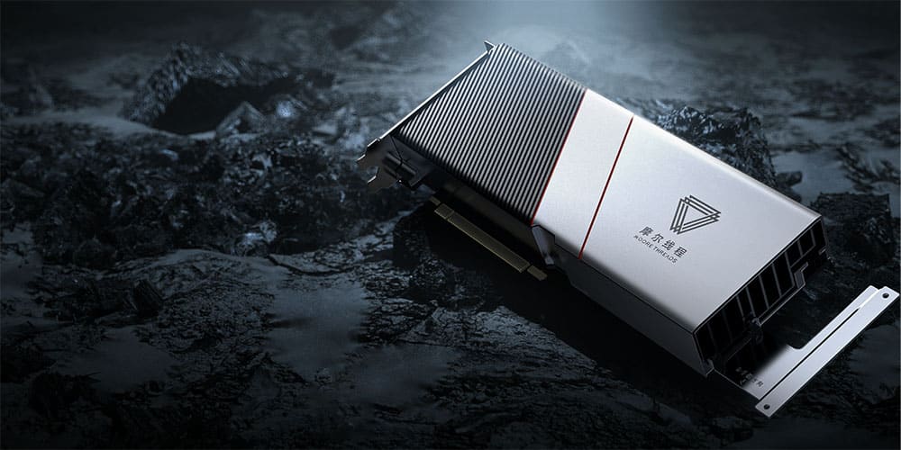 Render da GPU Moore Threads MTT S90 em ambiente escuro, destacando o design com acabamento metálico.