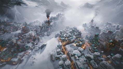 Vista aérea da cidade em Frostpunk 2 com estruturas e neblina.