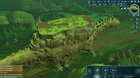 Cena do jogo The Wandering Village mostrando a vila construída sobre as costas de Onbu, a criatura gigante.