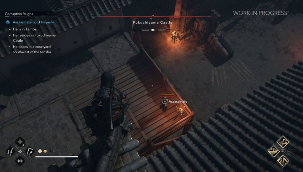 Jogador prestes a realizar assassinato furtivo no Castelo de Fukuchiyama em Assassin’s Creed Shadows