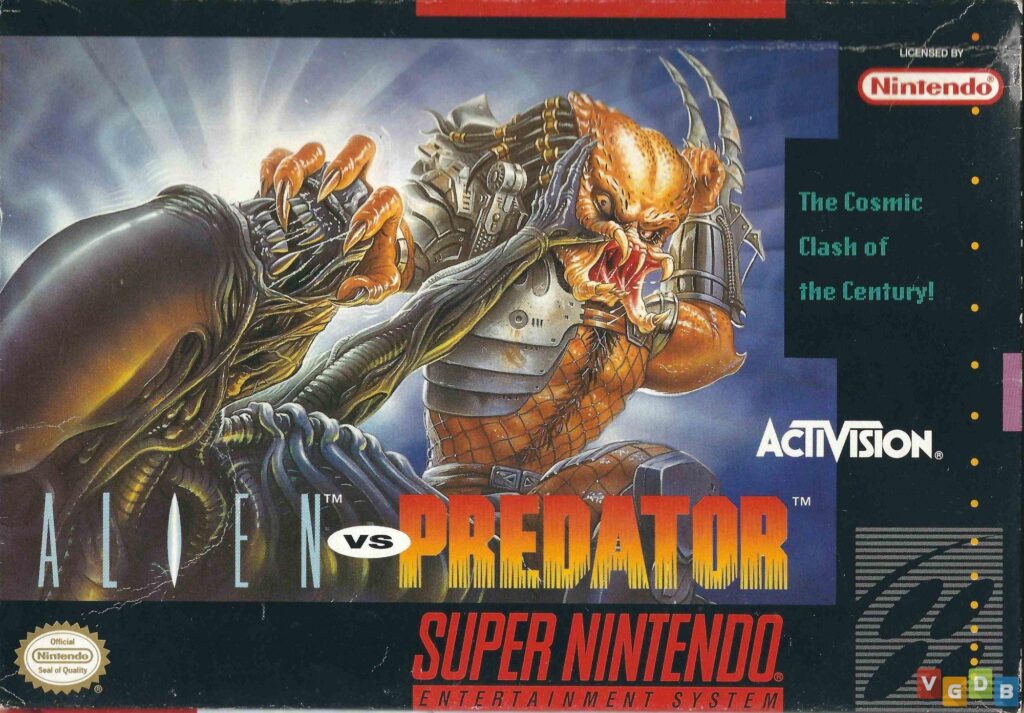 Capa do jogo Alien vs Predator para Super Nintendo, lançado em 1993 pela Activision