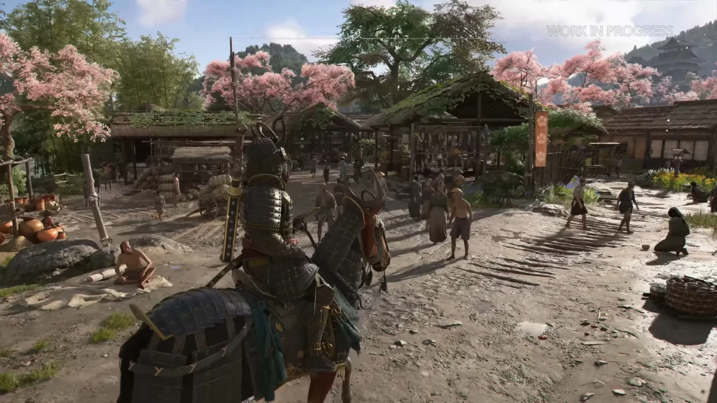 Yasuke montado a cavalo chegando em uma vila japonesa com cerejeiras floridas em Assassin’s Creed Shadows