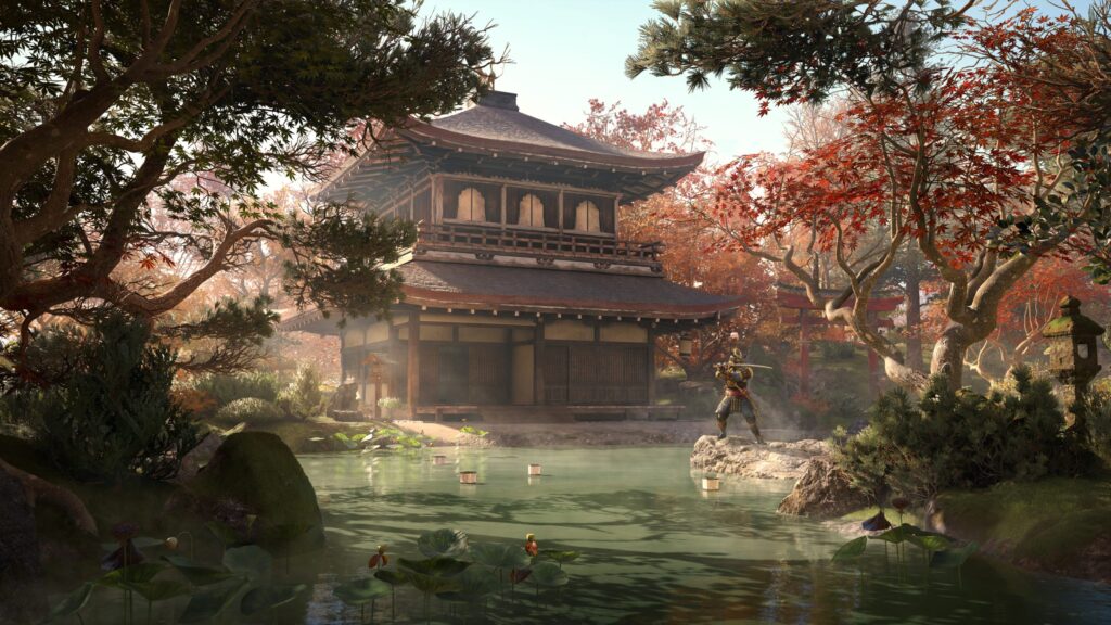 Cenário de templo japonês em Assassin's Creed Shadows, com samurai diante de lago em paisagem outonal