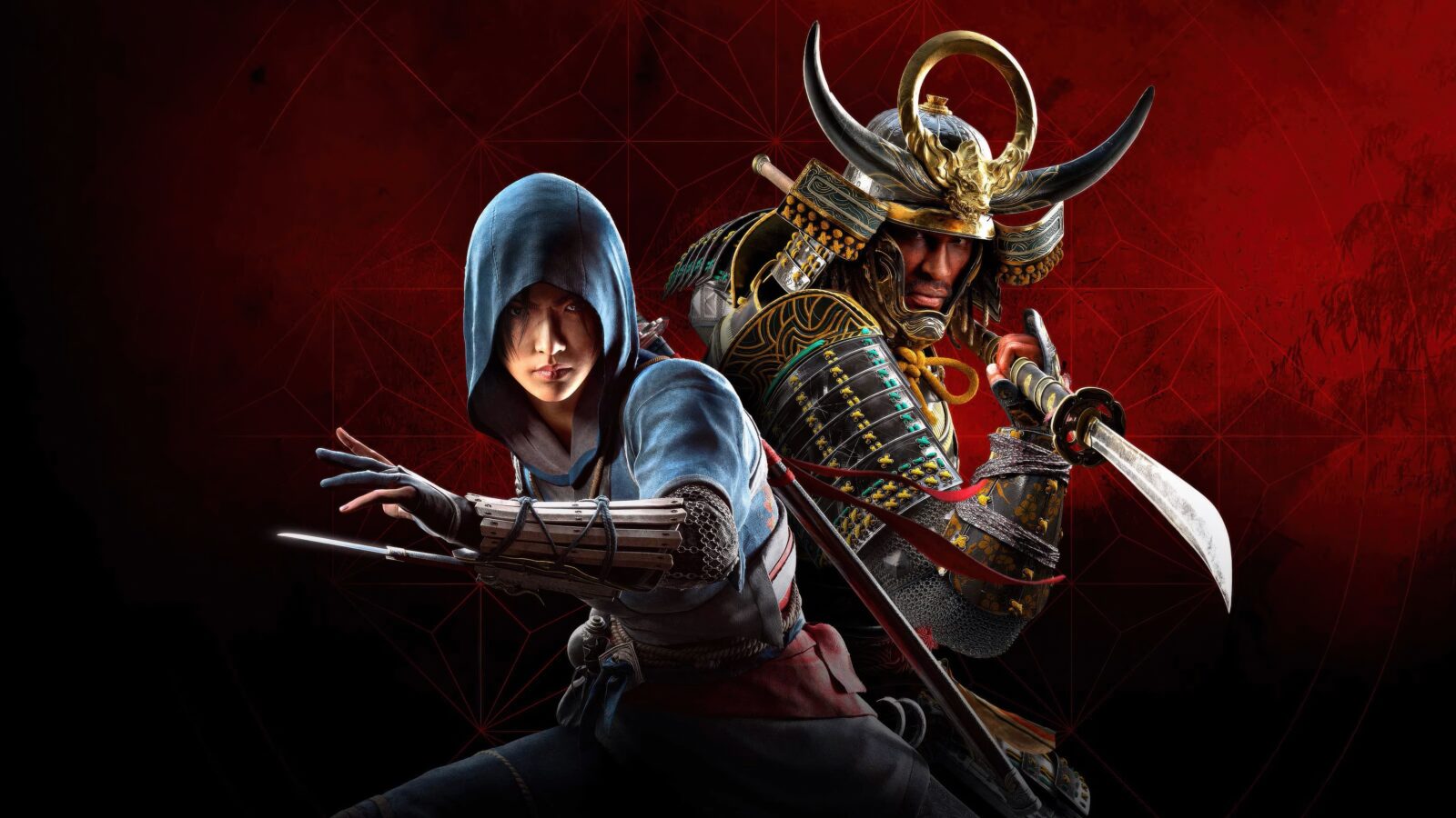 Arte oficial de Assassin’s Creed Shadows com Naoe e Yasuke em pose de combate