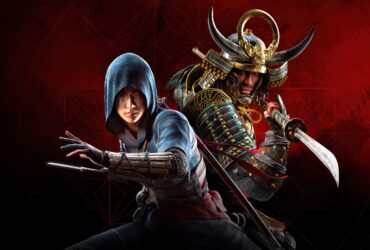 Arte oficial de Assassin’s Creed Shadows com Naoe e Yasuke em pose de combate