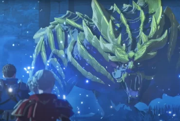 A imagem mostra dois personagens enfrentando um monstro gigantesco em um ambiente iluminado por partículas místicas. O monstro, com uma aparência feroz e esquelética, emite uma aura ameaçadora e está prestes a atacar.