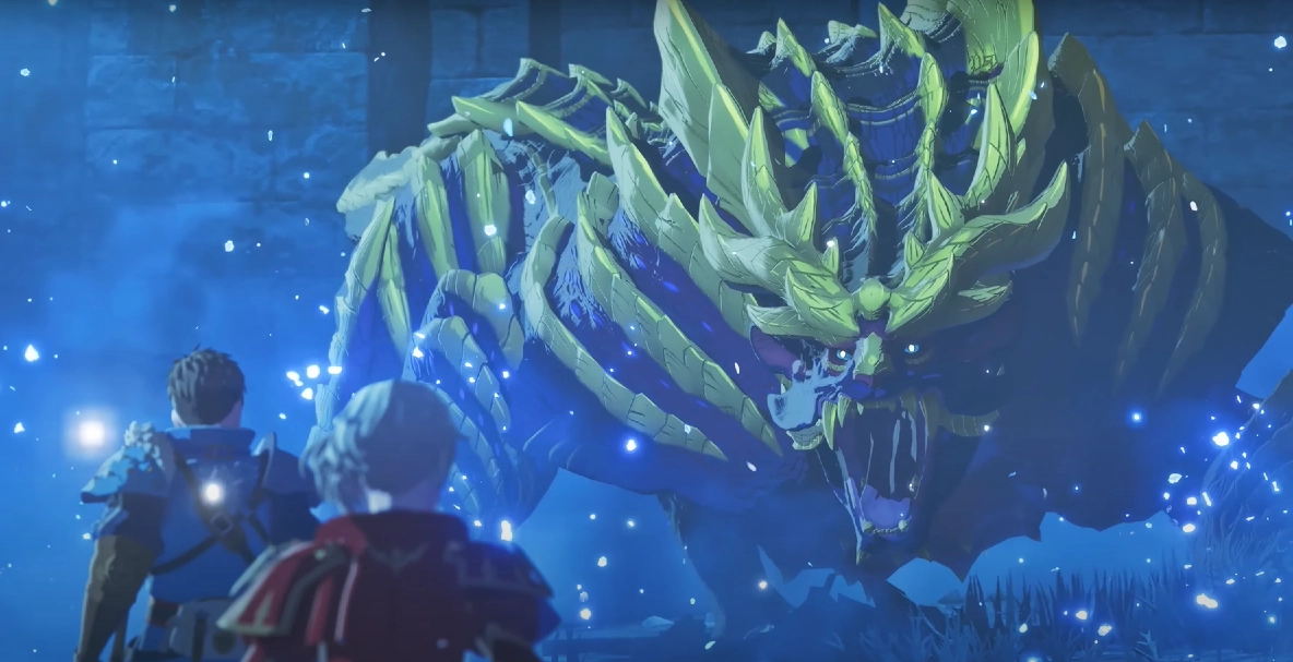 A imagem mostra dois personagens enfrentando um monstro gigantesco em um ambiente iluminado por partículas místicas. O monstro, com uma aparência feroz e esquelética, emite uma aura ameaçadora e está prestes a atacar.