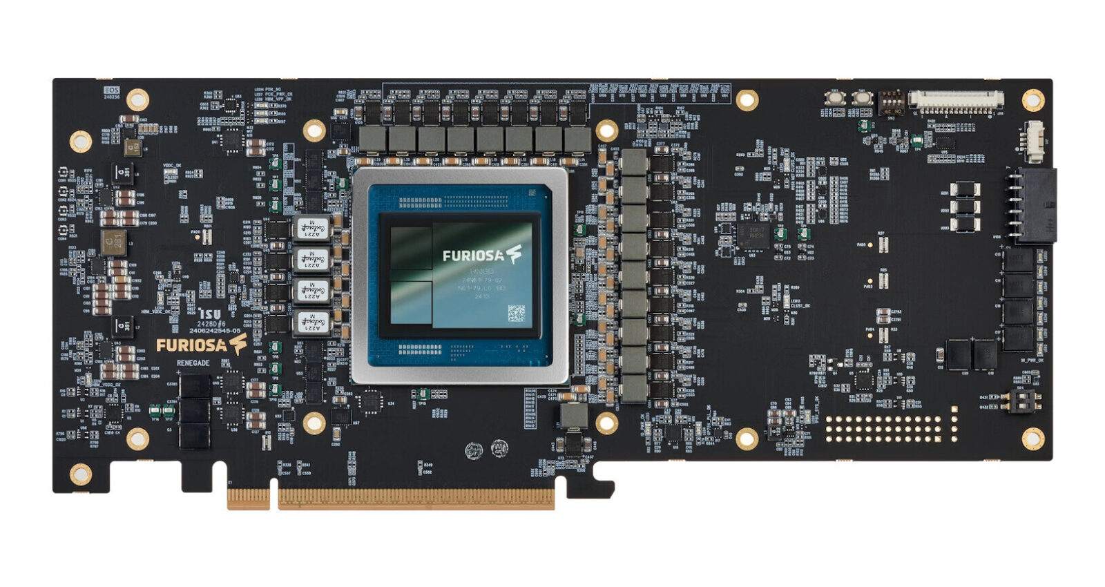 Placa PCIe equipada com o chip RNGD da FuriosaAI, projetado para acelerar inferência de modelos de IA com alta eficiência energética.