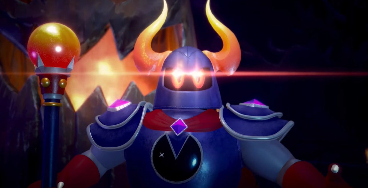 Personagem em armadura com chifres laranja e capa vermelha, segurando um cajado, com um brilho vermelho vindo de seus olhos.