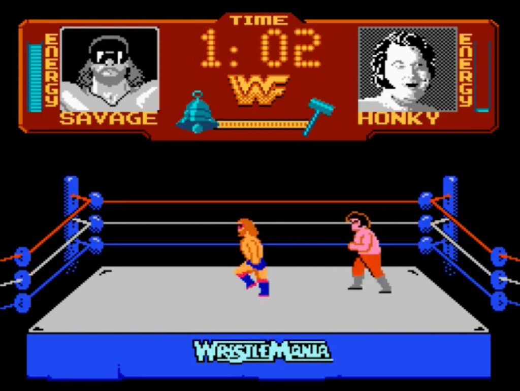 Cena do jogo WWF WrestleMania para NES com visual pixelado e personagens Savage e Honky em combate no ringue.