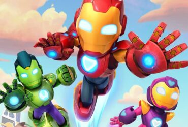 Imagem promocional da série Iron Man and His Awesome Friends, com Tony Stark, Riri Williams e Amadeus Cho em trajes heroicos animados.
