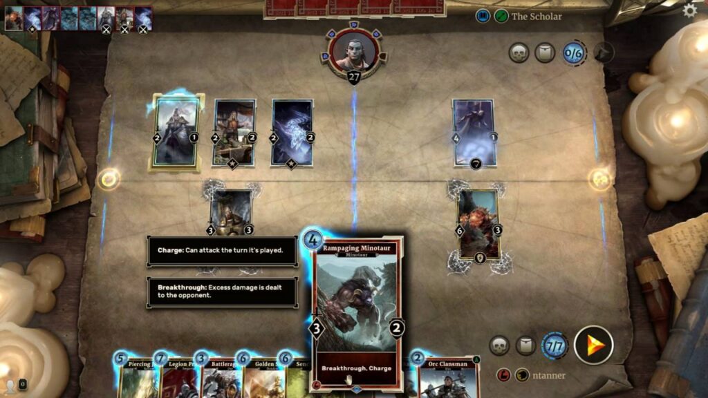 Tela de gameplay de The Elder Scrolls: Legends com cartas distribuídas em duas pistas