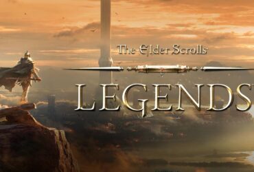 Arte promocional do jogo The Elder Scrolls: Legends com um guerreiro diante de um céu alaranjado