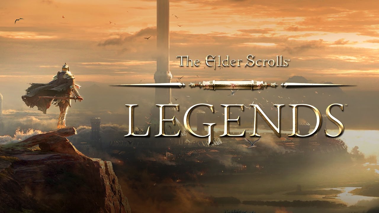 Arte promocional do jogo The Elder Scrolls: Legends com um guerreiro diante de um céu alaranjado