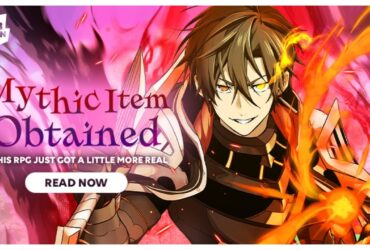 Cena promocional de Mythic Item Obtained! com o protagonista segurando o item mítico, arte oficial da adaptação para trailer animado.