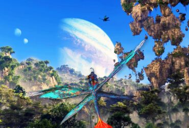 Vista panorâmica com banshee sobrevoando Pandora em Avatar: Frontiers of Pandora