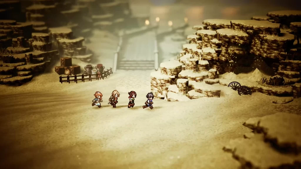 Quatro personagens caminham juntos através de um cenário nevado, com formações rochosas e uma estrada ao fundo, em um momento da nova aventura de RPG "OCTOPATH TRAVELER 0". A arte em estilo HD-2D dá um toque visual único à cena, destacando a vastidão do mundo de Orsterra