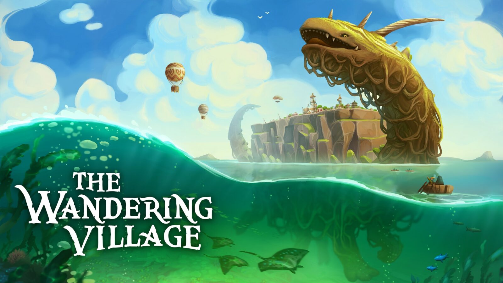 Imagem promocional de The Wandering Village com o logotipo do jogo e a criatura Onbu ao fundo.