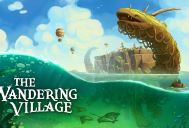 Imagem promocional de The Wandering Village com o logotipo do jogo e a criatura Onbu ao fundo.