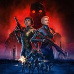 Arte promocional de Wolfenstein: Youngblood com as protagonistas armadas em frente a uma figura sombria ao fundo.
