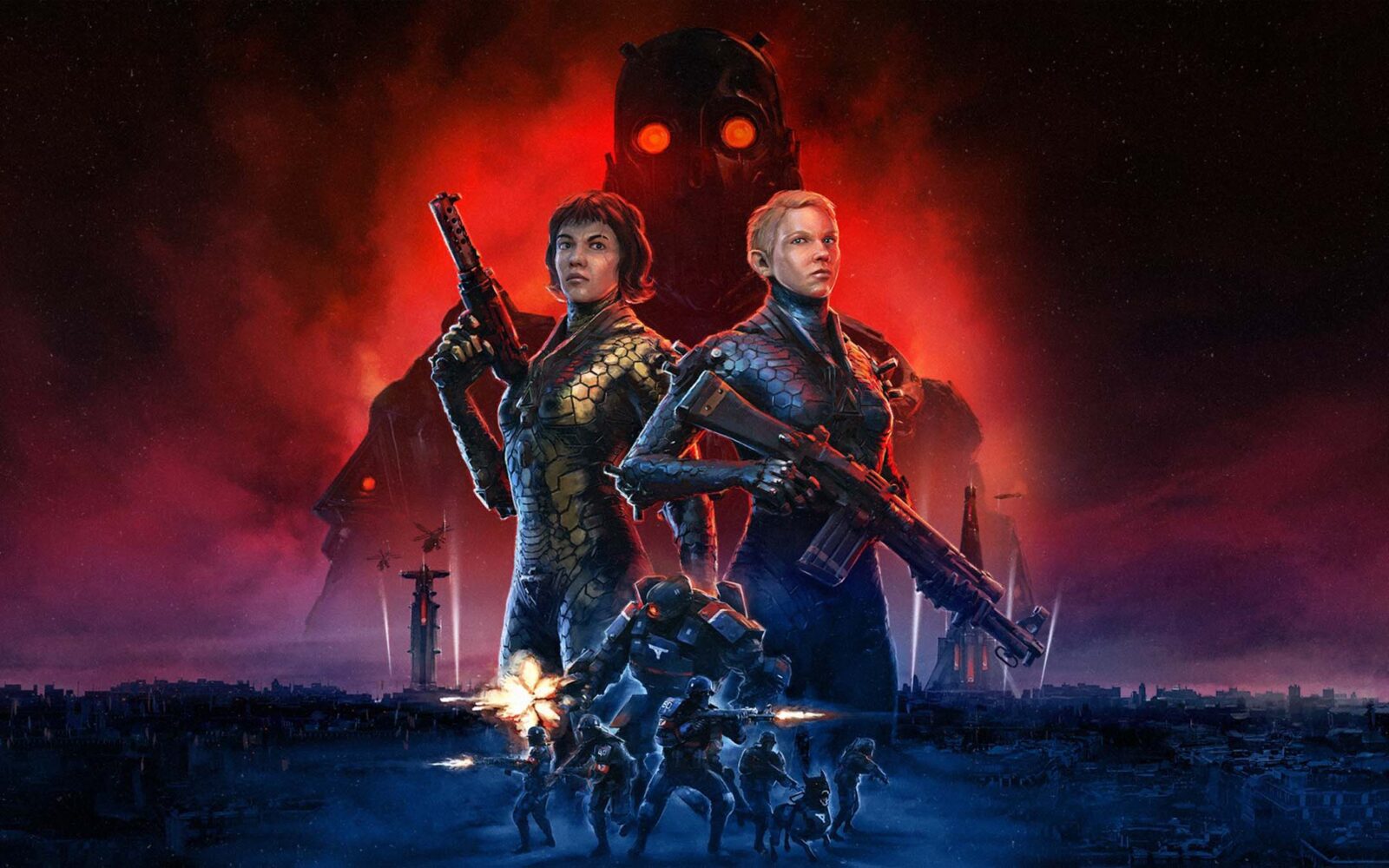 Arte promocional de Wolfenstein: Youngblood com as protagonistas armadas em frente a uma figura sombria ao fundo.