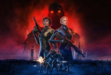 Arte promocional de Wolfenstein: Youngblood com as protagonistas armadas em frente a uma figura sombria ao fundo.