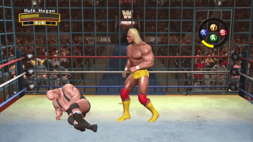 Hulk Hogan no jogo WWE Legends of WrestleMania enfrentando adversário em luta dentro da jaula de aço.