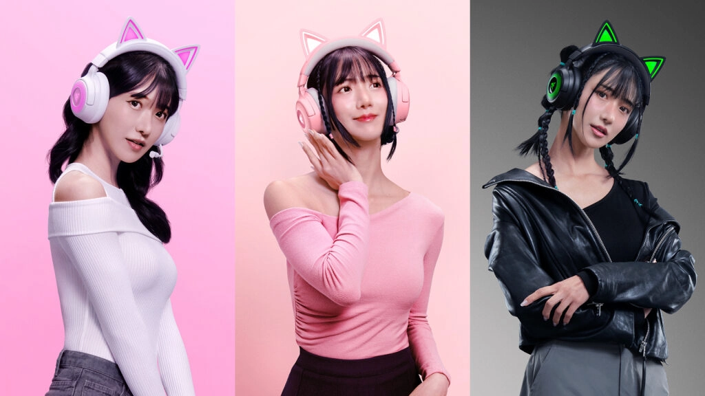 Montagem com três fotos de uma mulher usando headsets gamer com orelhas de gato: branco-rosa, rosa e preto com verde, posando diante de fundos rosa e cinza.