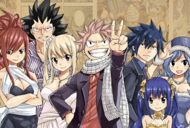 Personagens principais de Fairy Tail reunidos: Natsu, Lucy, Erza, Gray, Juvia, Wendy e Gajeel em pose de destaque.