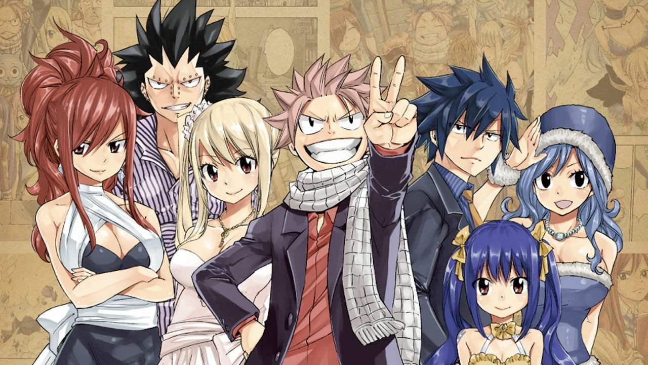 Personagens principais de Fairy Tail reunidos: Natsu, Lucy, Erza, Gray, Juvia, Wendy e Gajeel em pose de destaque.