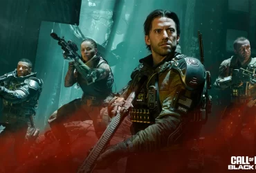 Equipe armada de soldados em Call of Duty: Black Ops 7 pronta para combate em ambiente sombrio, destacando o foco da campanha cooperativa.