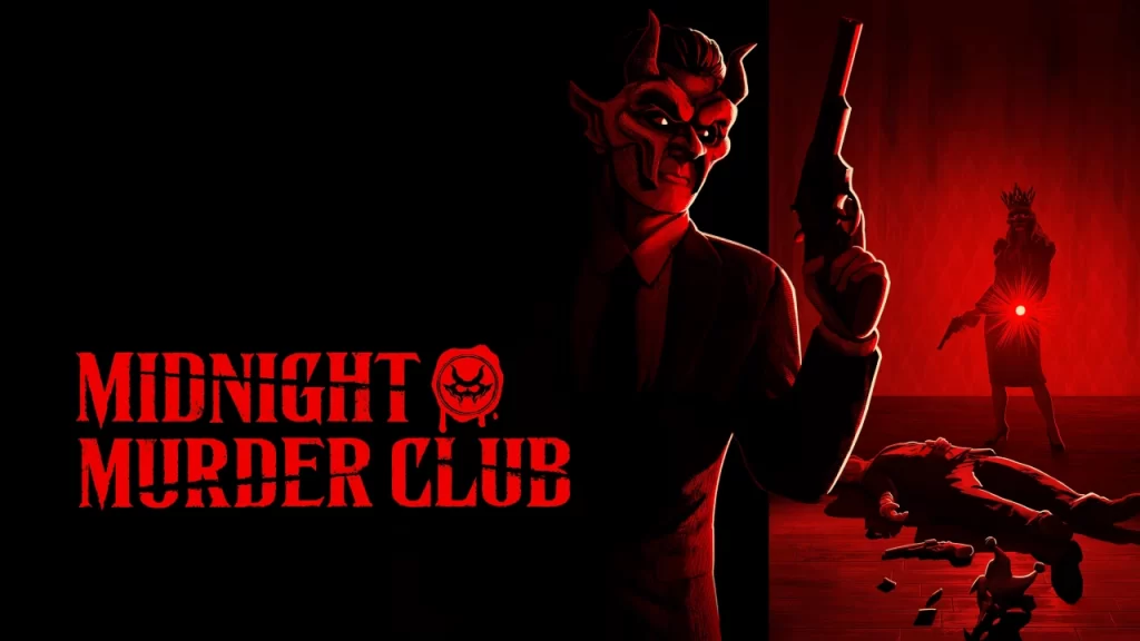 Arte promocional de Midnight Murder Club, mostrando uma figura mascarada com chifres e terno segurando um revólver, enquanto outra personagem armada aparece ao fundo em um ambiente iluminado em vermelho.