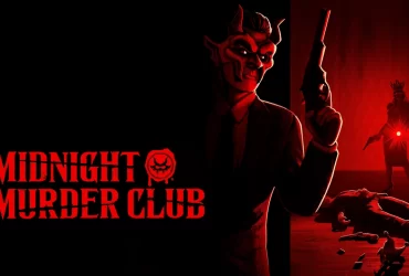 Arte promocional de Midnight Murder Club, mostrando uma figura mascarada com chifres e terno segurando um revólver, enquanto outra personagem armada aparece ao fundo em um ambiente iluminado em vermelho.