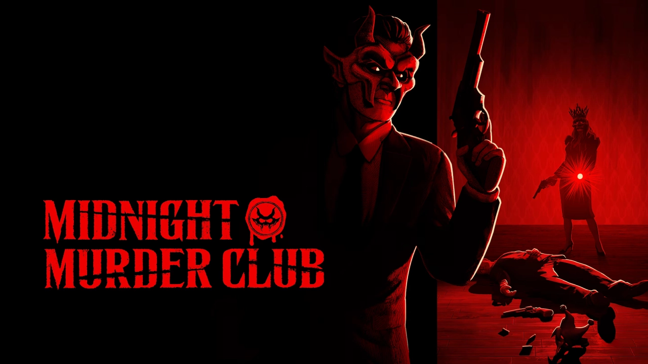 Arte promocional de Midnight Murder Club, mostrando uma figura mascarada com chifres e terno segurando um revólver, enquanto outra personagem armada aparece ao fundo em um ambiente iluminado em vermelho.